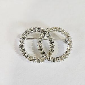 Vintage Clear Rhinestone Silver Tone Conjoined Ring Circle Open Work Pin Brooch